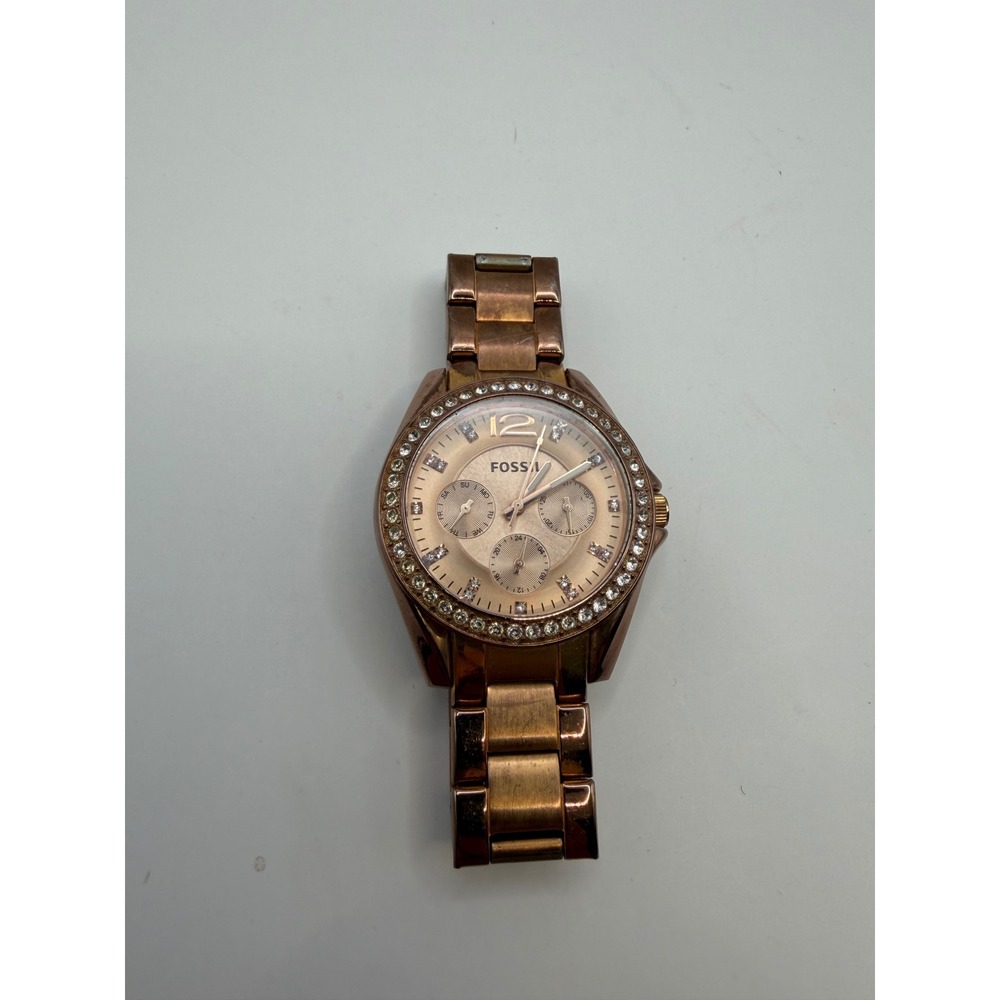 Fossil Riley Rose Gold Tone Crystal Bezel Watch ES2811 NEEDS BATTERY
